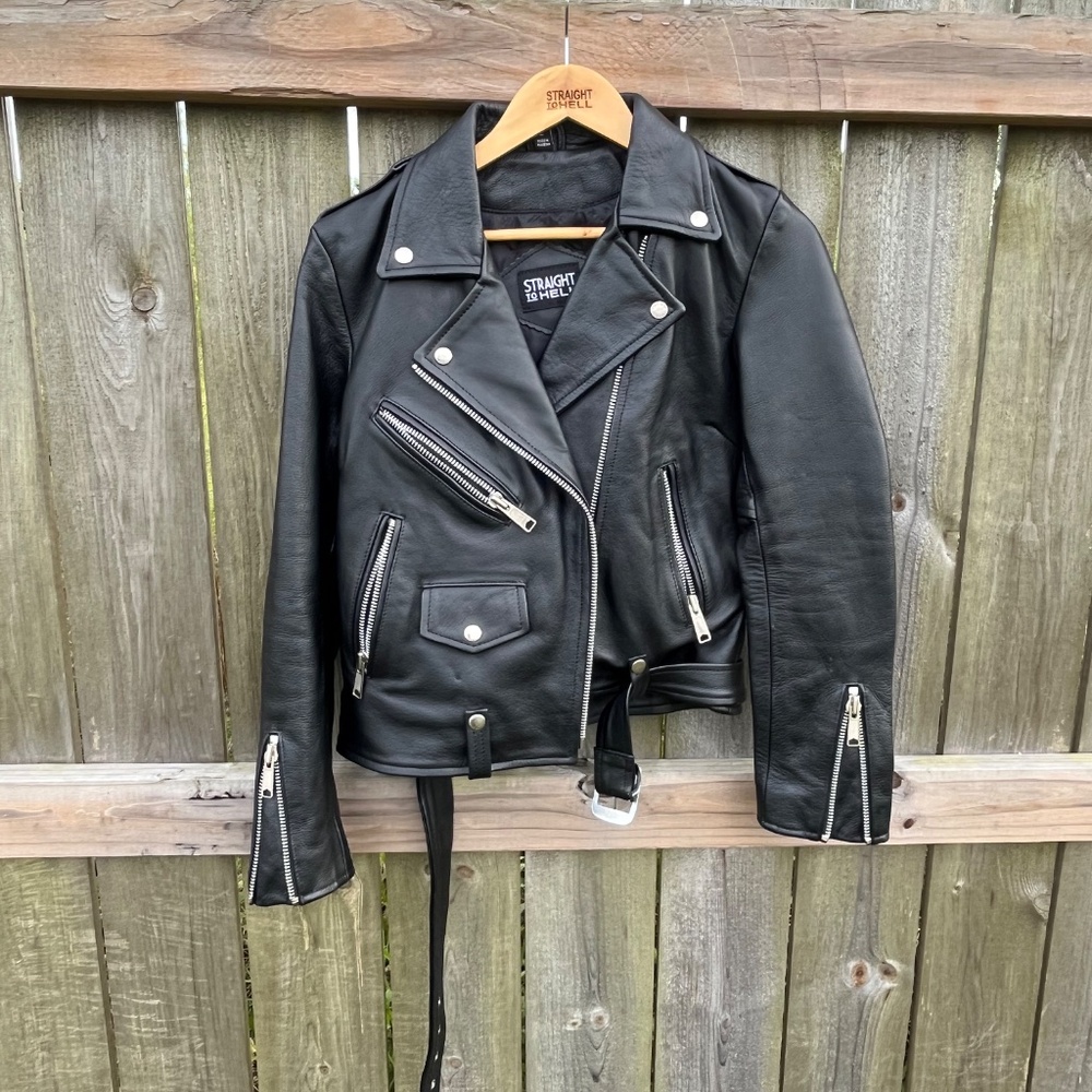 Straight To Hell Black Leather Moto Jacket Size L - Picture 2 of 12